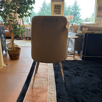 Brown chair in a living room setting with a rug and plant visible