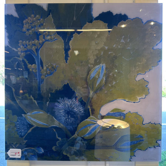 Decorative glass panel with floral design in blue and green