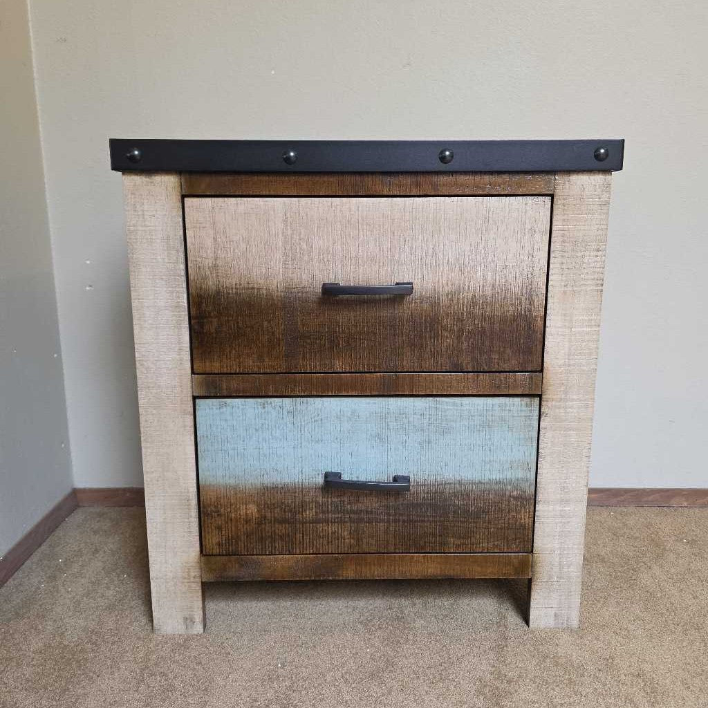 Pacific Two-Drawer Nightstand – Rustic Wood Bedside Table with Metal Accents C NIGHTSTANDS