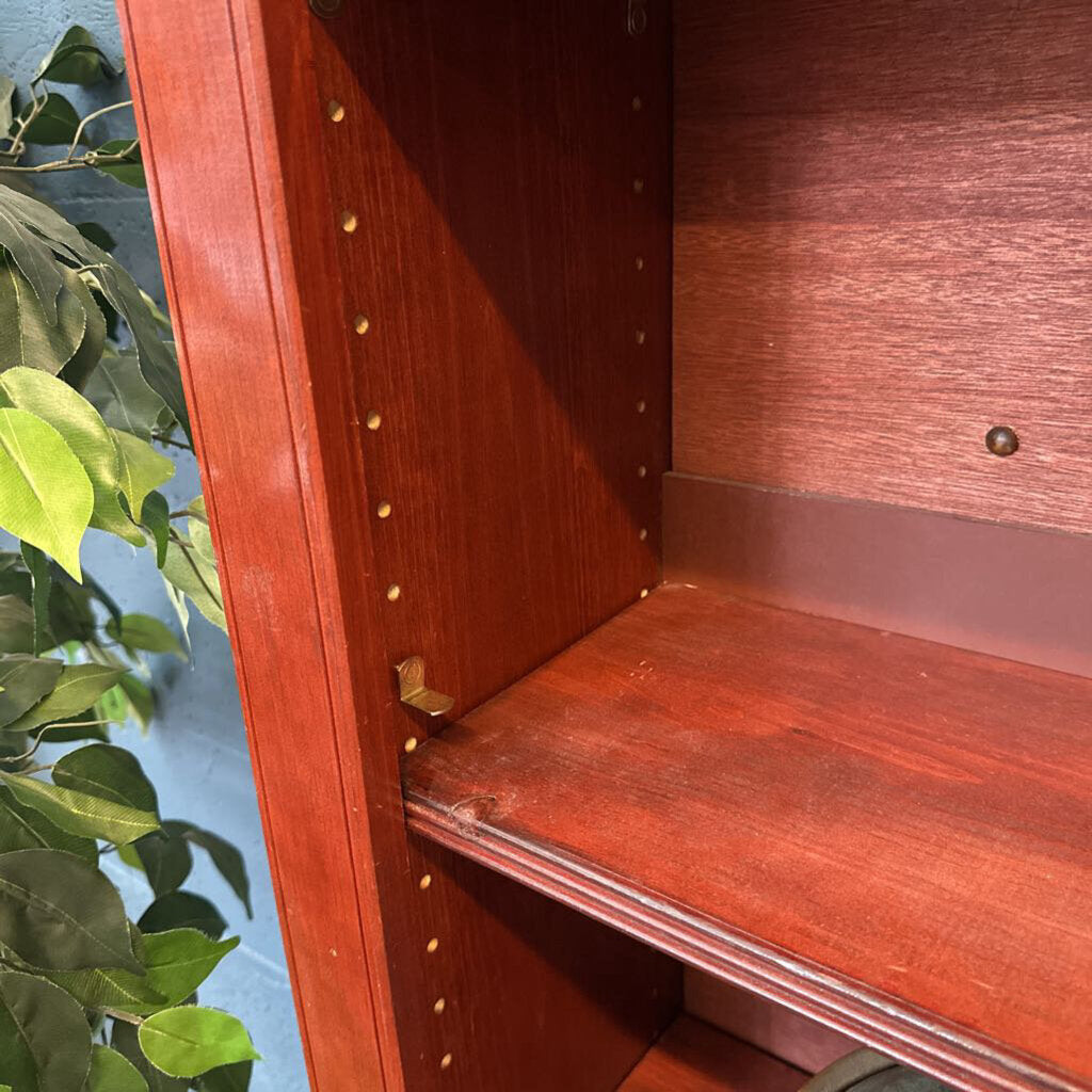 Wooden shelf with a plant in the background