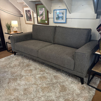 Gray sofa in a room with framed pictures on the wall.