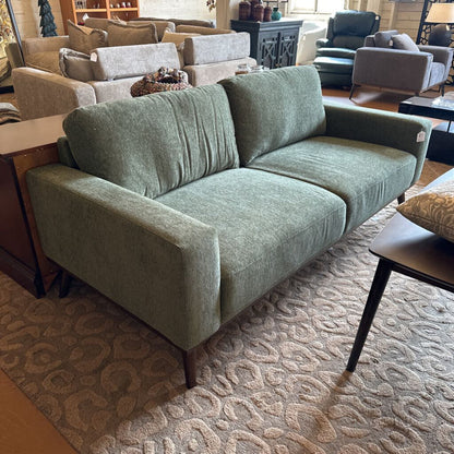 Green sofa in a room with other furniture and decor