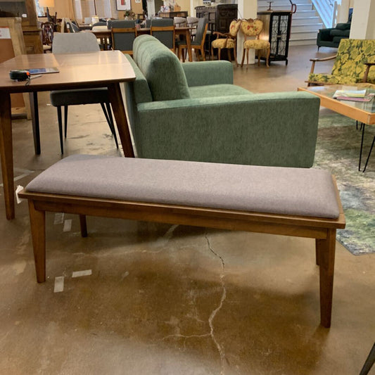 Grey Upholstered Bench with Walnut Wood Base – Modern Dining or Entryway Bench