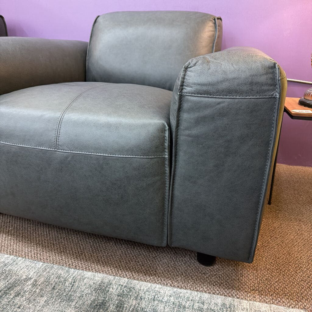 Gray sofa against a purple wall