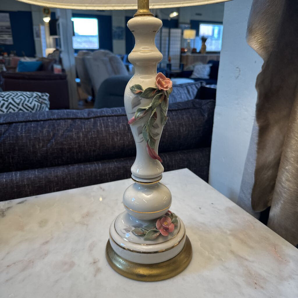 Decorative lamp with floral design on a marble surface in an indoor setting