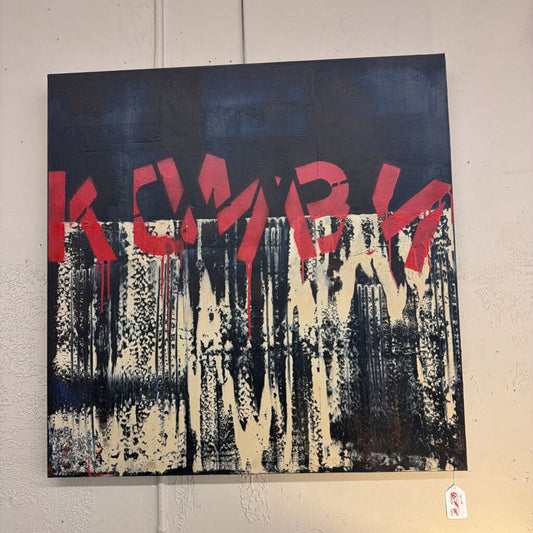 Abstract art piece with red text on a dark background