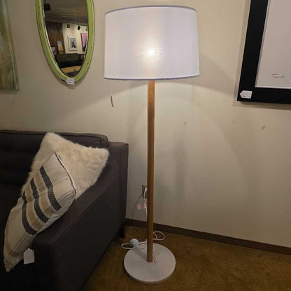 Large Shade Wood Stem Marble Base Floor Lamp