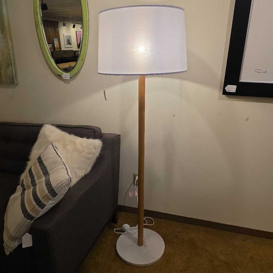 Large Shade Wood Stem Marble Base Floor Lamp