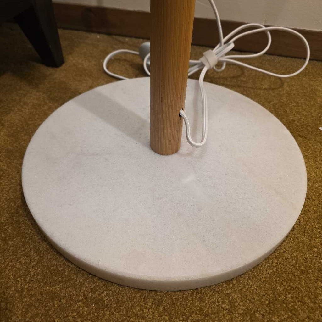 Large Shade Wood Stem Marble Base Floor Lamp