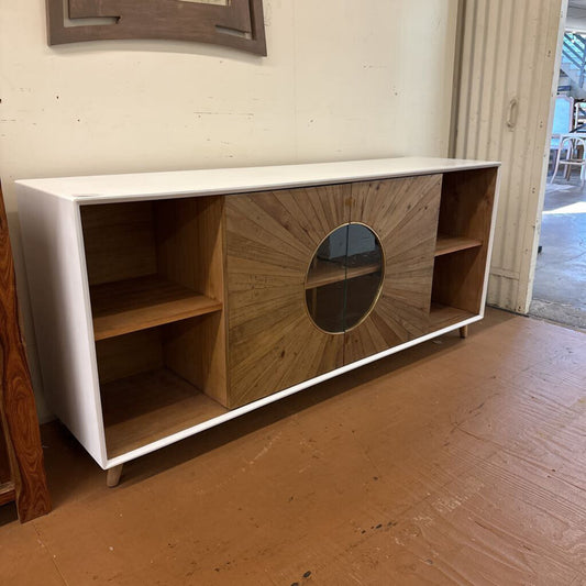 Modern console table with wooden and white design in a room setting