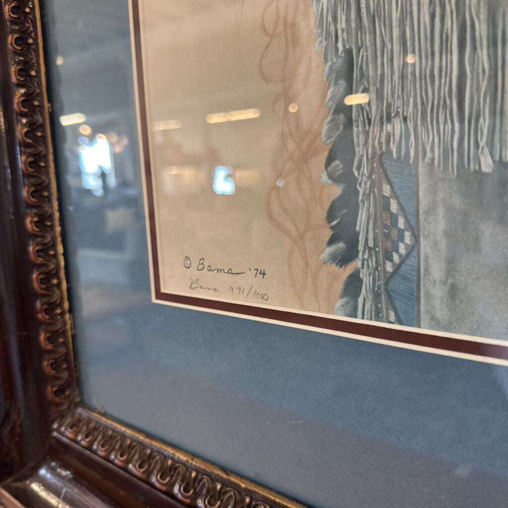 Framed artwork with a signature and date on a blue background