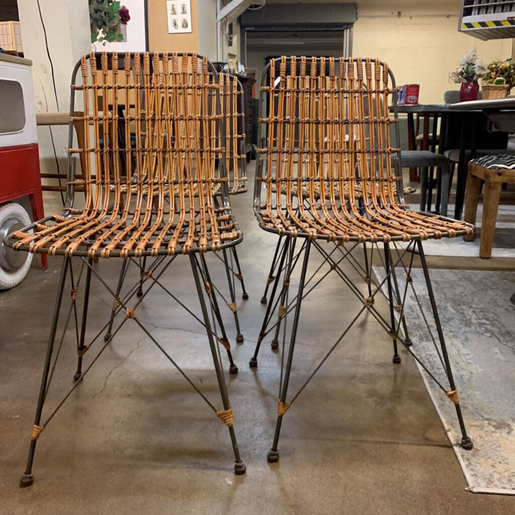 Woven Wood and Metal Dining Chairs