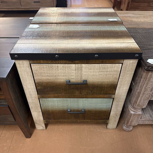 Wooden nightstand with two drawers in a store setting