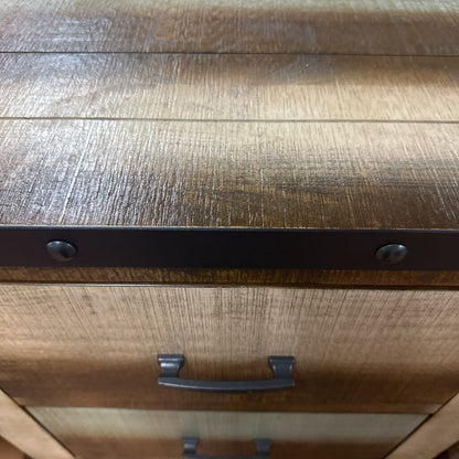 Wooden chest with metal handles and strap