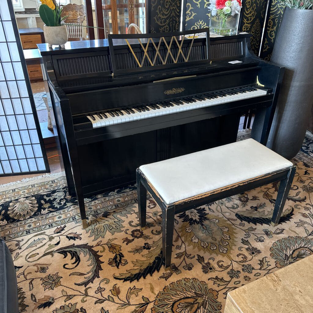 Black upright piano with a white cushioned bench on a patterned rug.
