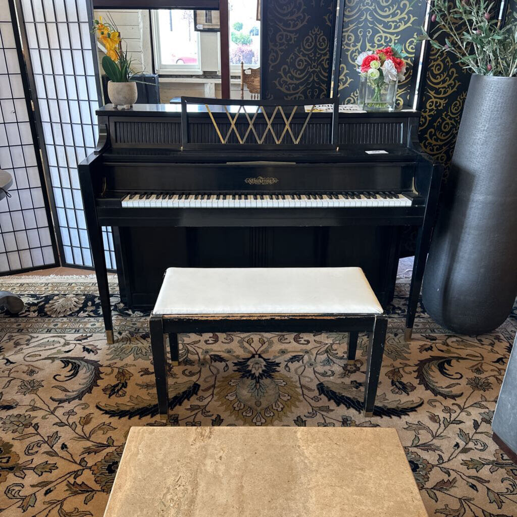 Black upright piano with a bench in a room with decorative elements.