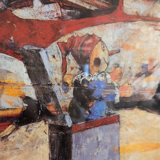 Abstract artwork with a character wearing a red hat and blue outfit.