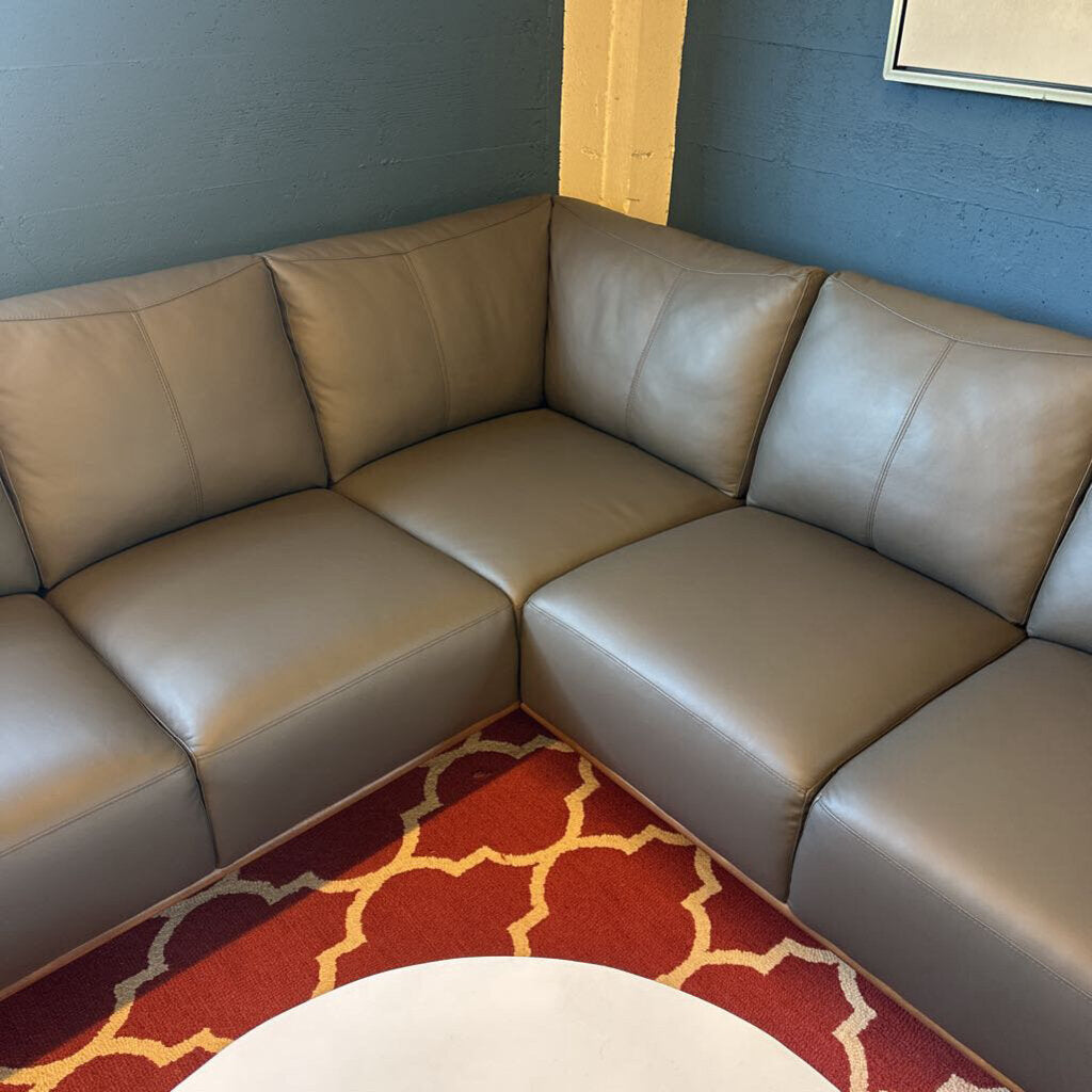 Gray sectional sofa in a room with a red and orange patterned rug.