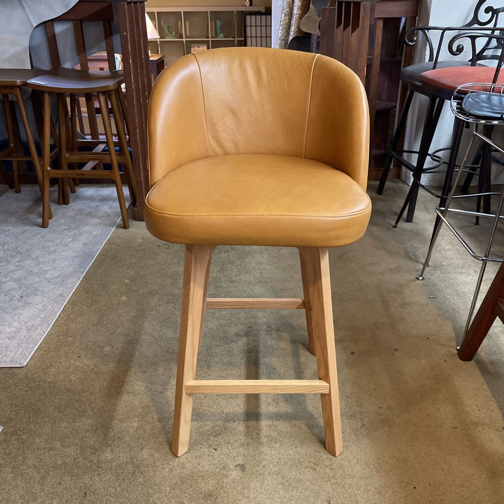 Curved Back Leather and Oak Swivel Stool