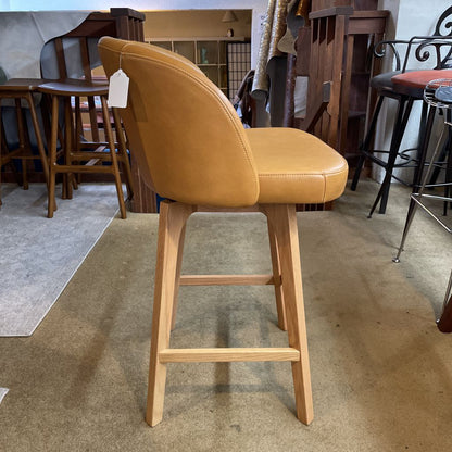 Curved Back Leather and Oak Swivel Stool