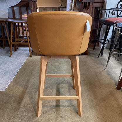 Curved Back Leather and Oak Swivel Stool
