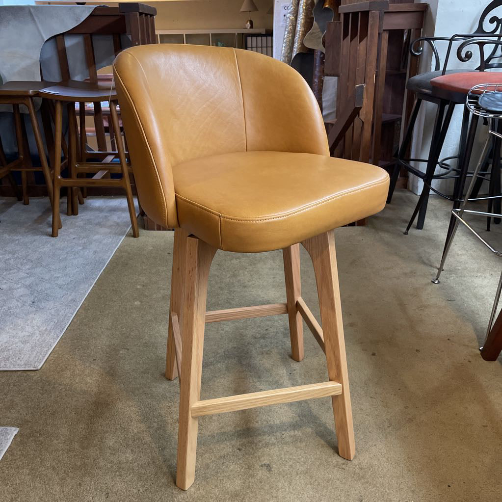 Curved Back Leather and Oak Swivel Stool