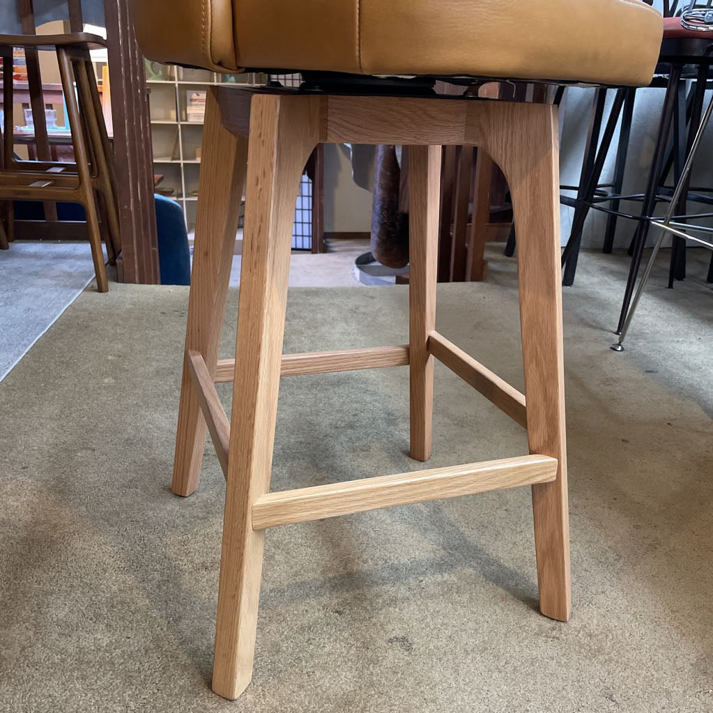 Curved Back Leather and Oak Swivel Stool