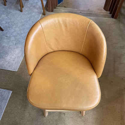 Curved Back Leather and Oak Swivel Stool