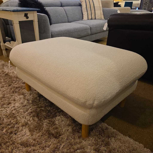 White Boucle Pillow Top Wooden Leg Ottoman U OTTOMANS