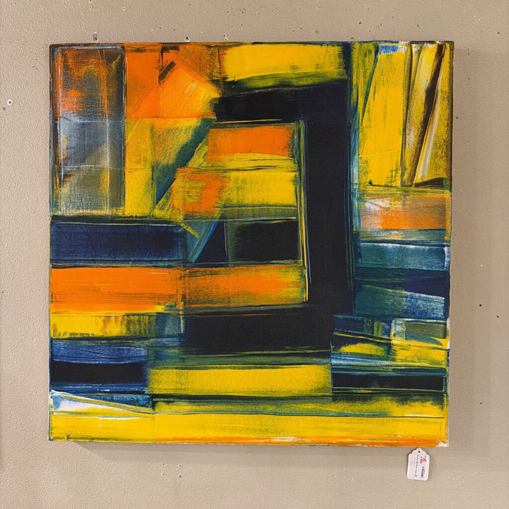 This dynamic square-format abstract work features a bold, rhythmic composition of intersecting horizontal and vertical color fields. The painting is dominated by vibrant shades of canary yellow and deep cobalt blue, which are balanced by energetic pops of bright orange and stark white.