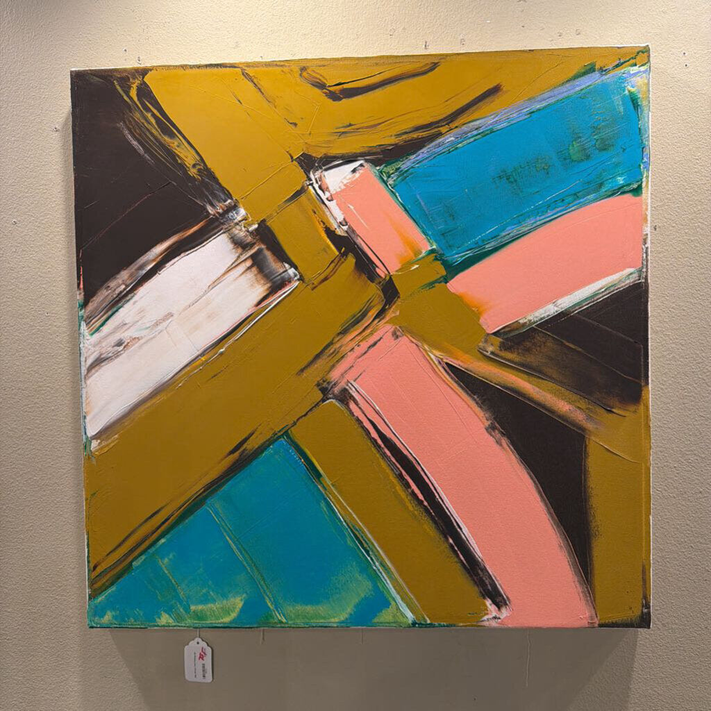 This striking large-scale contemporary abstract work features a dynamic composition of bold, intersecting color fields. The painting is dominated by a rich golden-brown ochre, layered alongside broad strokes of vibrant teal, soft salmon pink, and stark black-and-white.