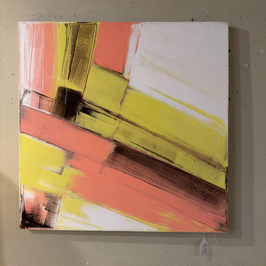 This bright and energetic contemporary abstract work features a dynamic composition of broad, overlapping color fields. The painting is dominated by long, diagonal strokes of soft salmon pink and vibrant citron yellow, set against a clean white background.