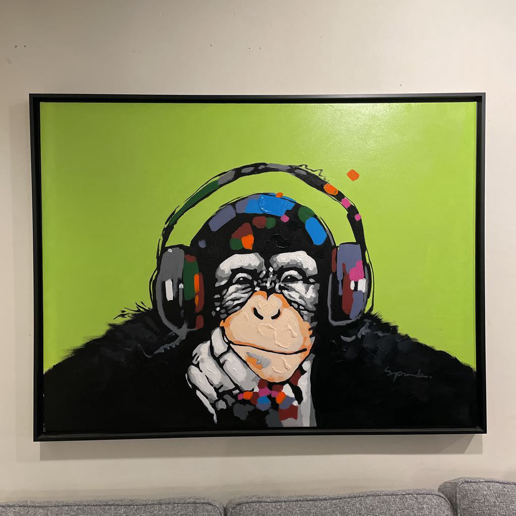 Lime Green Background Headphones Chimp (L)