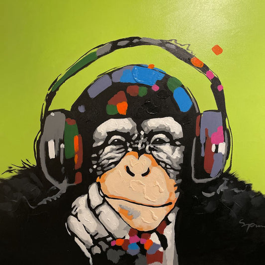 Lime Green Background Headphones Chimp (L) ART