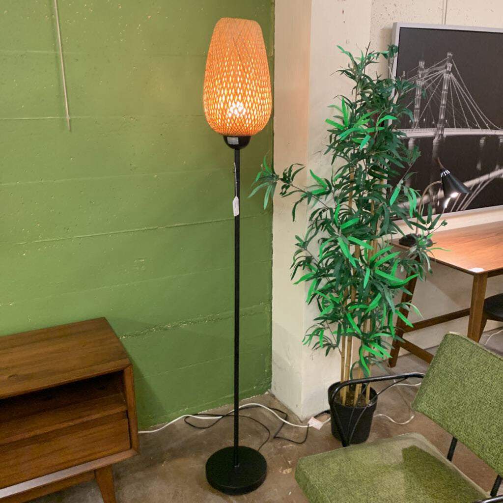 Floor lamp with orange shade in a room with green walls, a plant, and furniture.