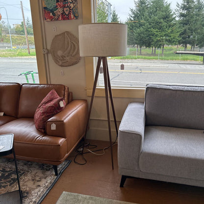 Living room with brown leather sofa, gray sofa, and floor lamp.