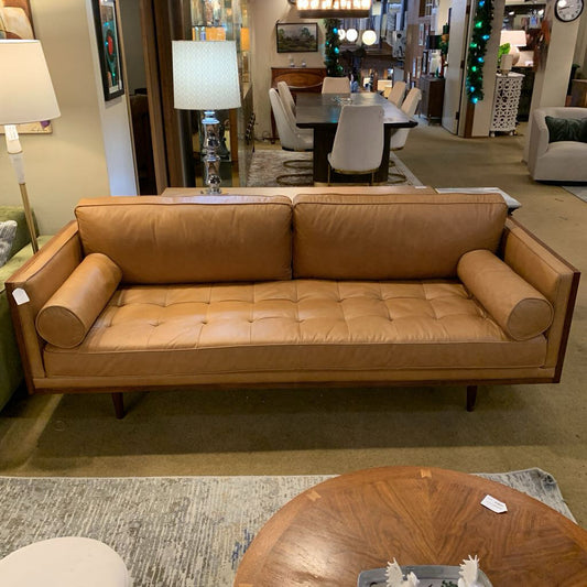 Woodrow Wood Wrapper Cigar Leather Sofa w Bolster Pillows