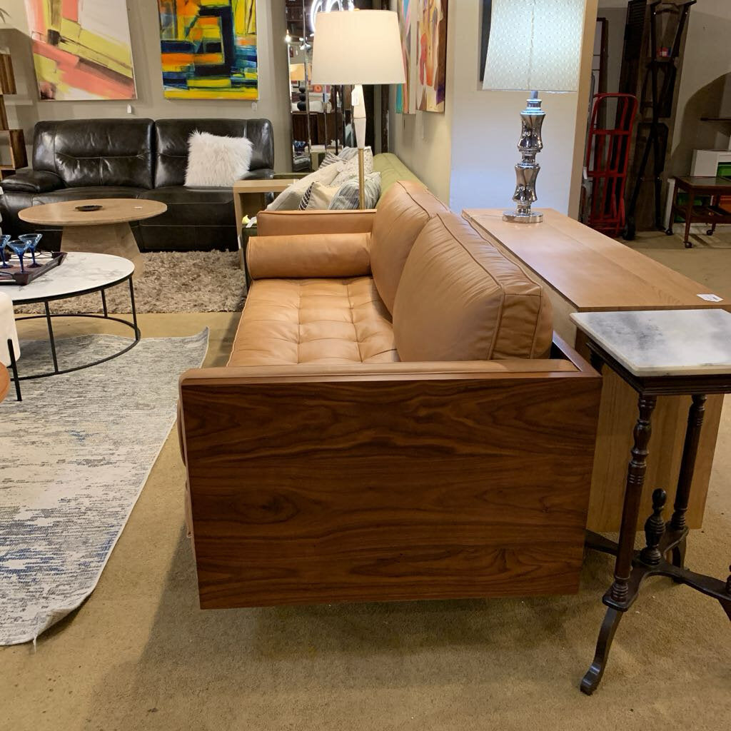 Woodrow Wood Wrapper Cigar Leather Sofa w Bolster Pillows