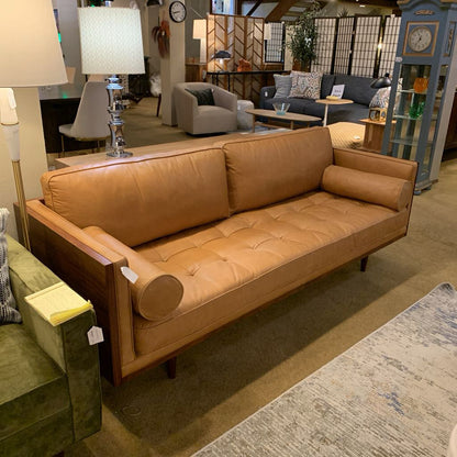 Woodrow Wood Wrapper Cigar Leather Sofa w Bolster Pillows