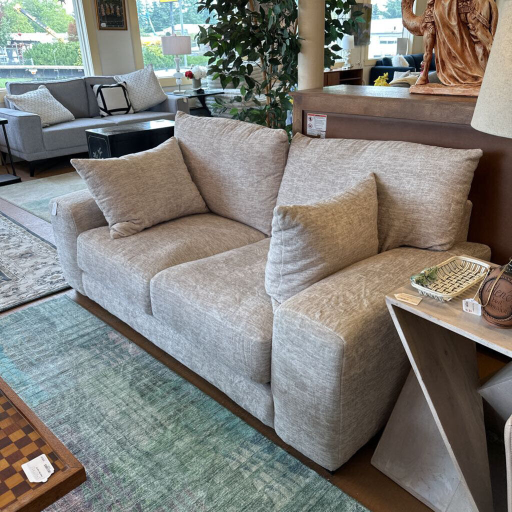 Beige sofa in a living room setting with a rug and decorative items.