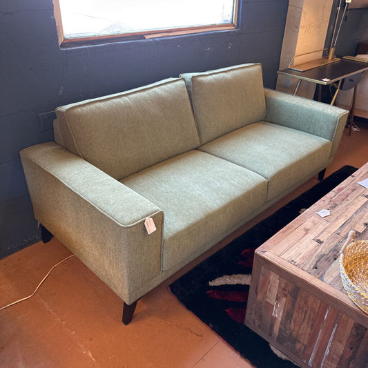 Green sofa in a room with a wooden coffee table and a window in the background.