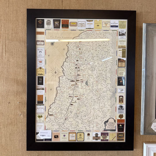 Framed map with various labels on a textured wall
