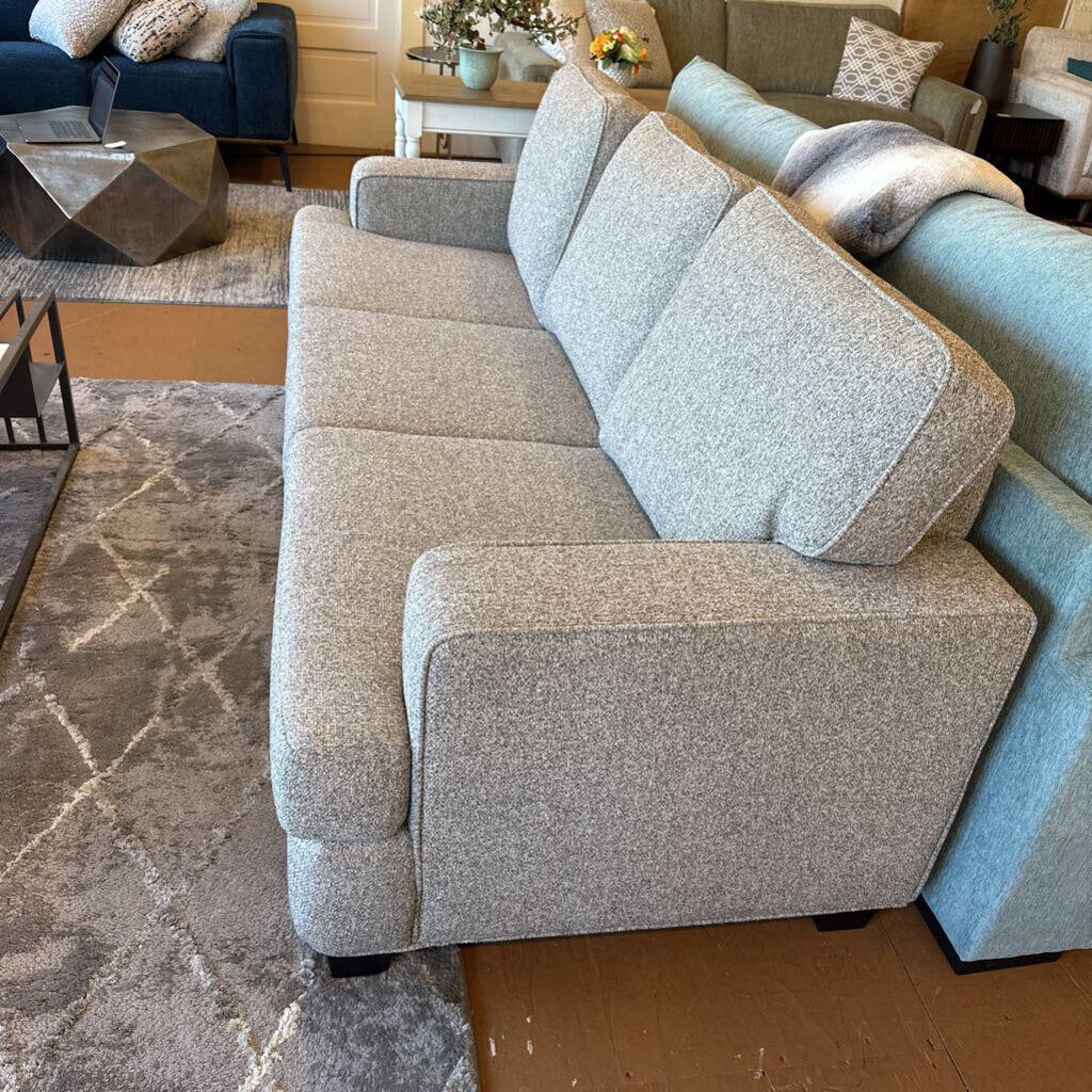 Gray sofa in a living room setting with a rug and furniture.