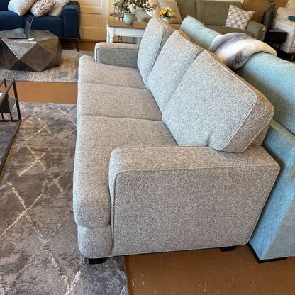 Gray sofa in a living room setting with a rug and furniture.