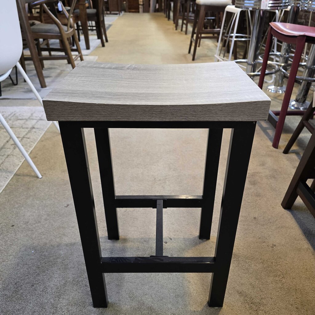 Bar stool with wooden seat and black metal frame
