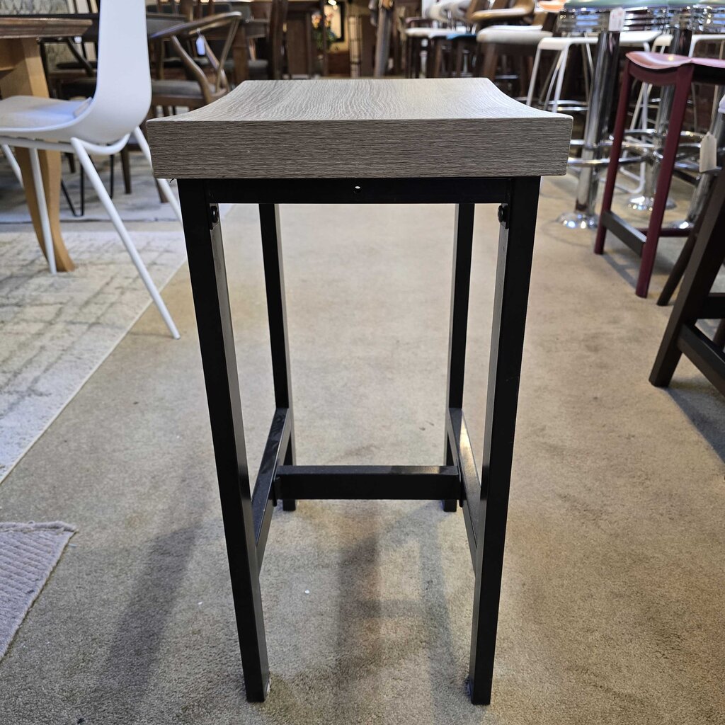Bar stool with wooden seat and black metal frame
