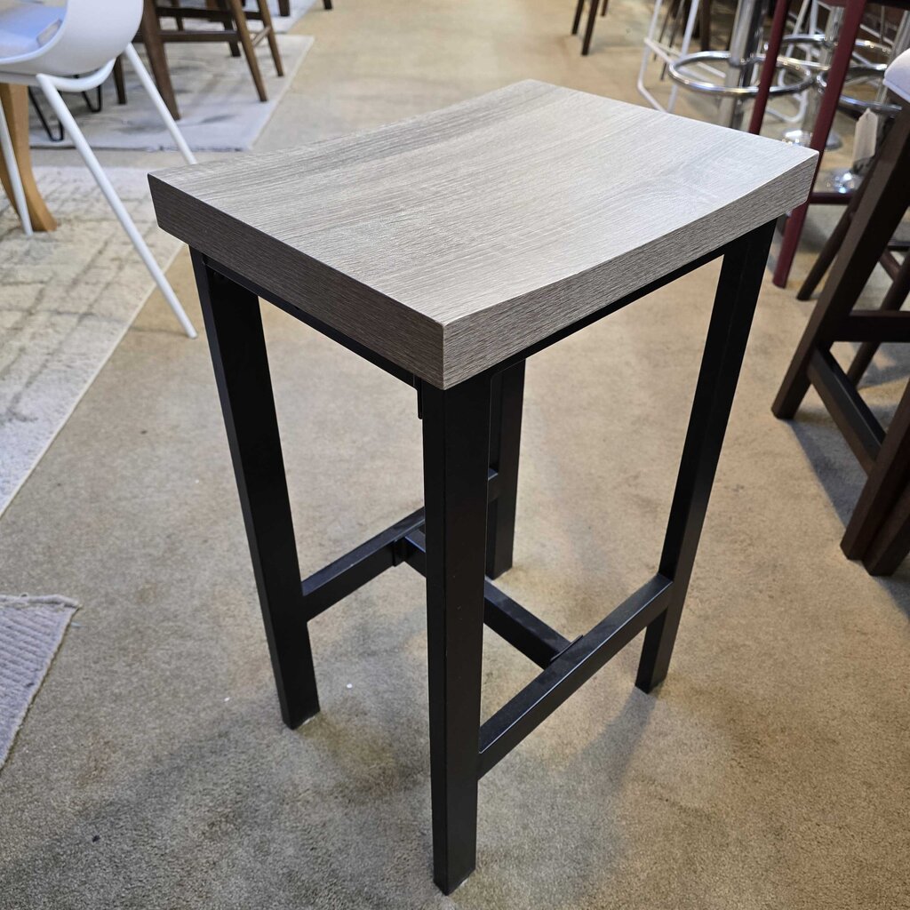 Bar stool with wooden seat and black metal frame