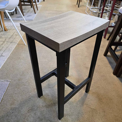 Bar stool with wooden seat and black metal frame