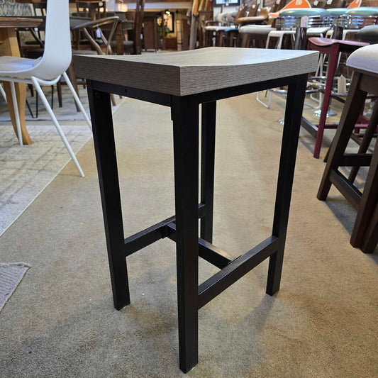 Bar stool with wooden seat and black metal frame