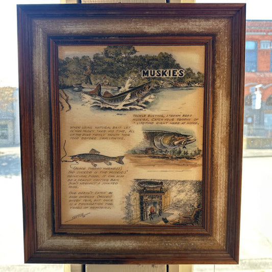 Framed artwork with a brown frame featuring illustrations of fish and text.